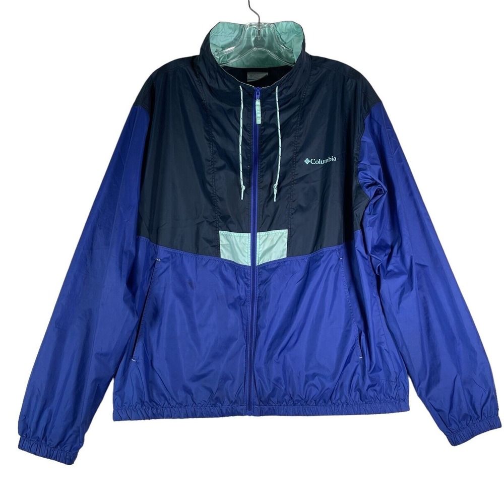 Columbia Windbreaker Womens L‎ Blue Colorblock Flashback Full Zip Pockets Jacket